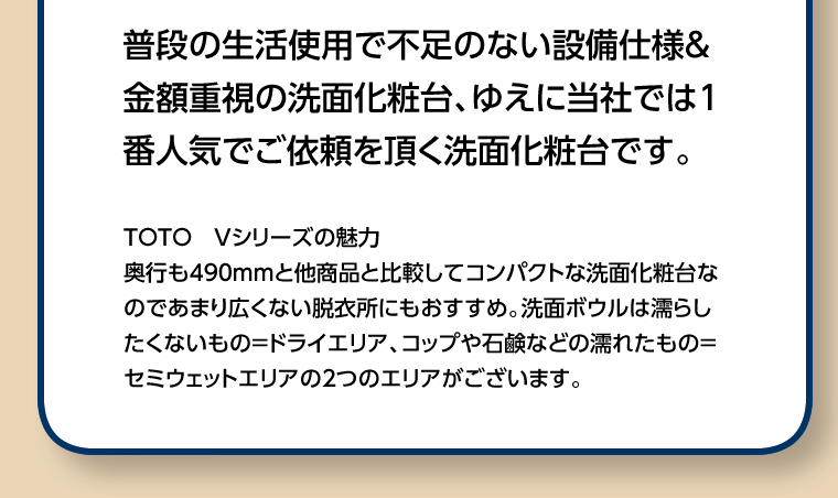 普段の生活で不足のない設備仕様&金額重視の洗面化粧台