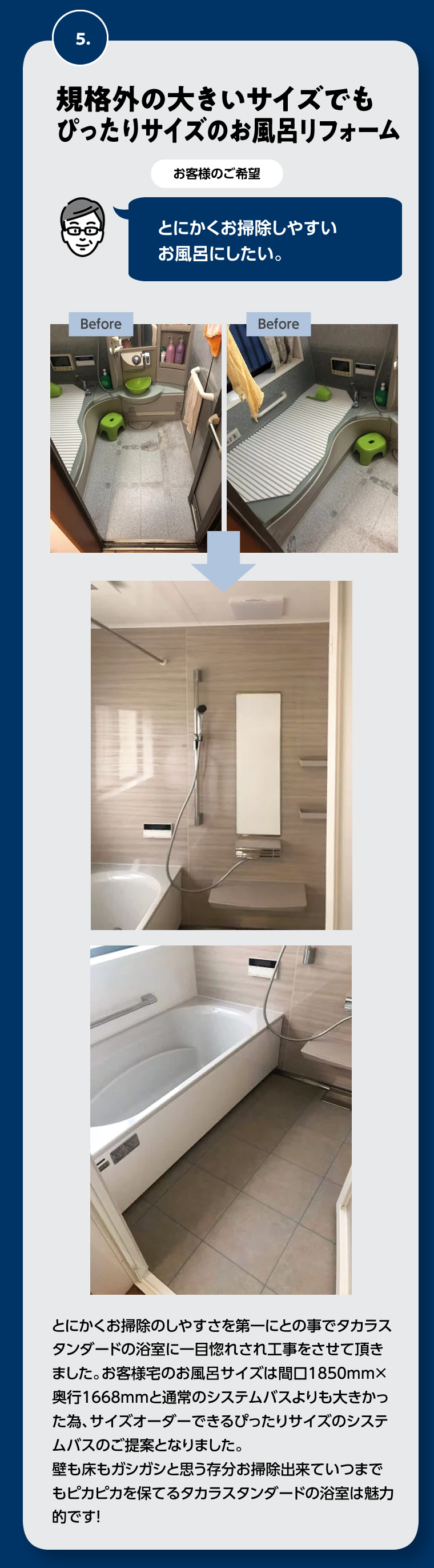 5.規格外の大きいサイズでもぴったりサイズのお風呂リフォーム